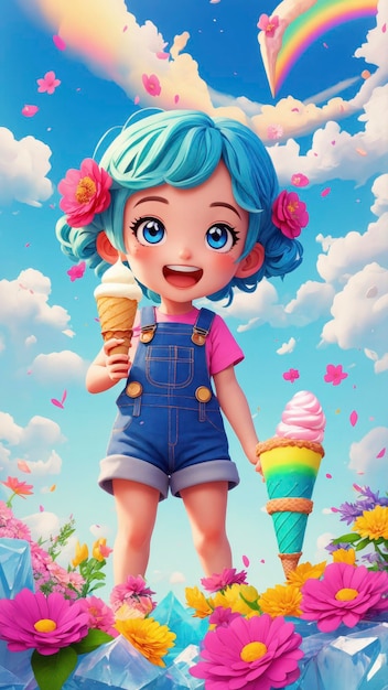 Personaje de dibujos animados alegre disfrutando de un helado