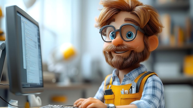 Un personaje de dibujos animados alegre trabajando en un escritorio de computadora