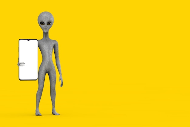 Personaje de dibujos animados alienígena humanoide gris aterrador Mascota y teléfono móvil moderno con pantalla en blanco para su diseño Representación 3d
