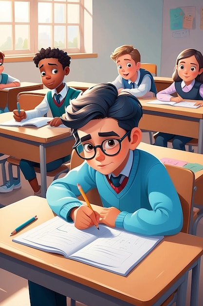 Personaje de dibujos animados en ángulo alto Niño haciendo trampa en el examen escolar