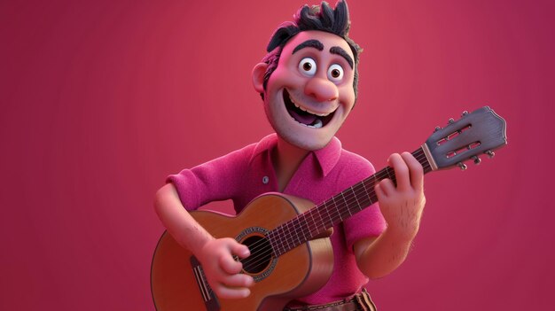 Un personaje de dibujos animados animado y animado esta ilustración de fotografía en 3D presenta a un hombre talentoso con una guitarra que irradia creatividad y pasión lleva una elegante camisa magenta que lo convierte en un