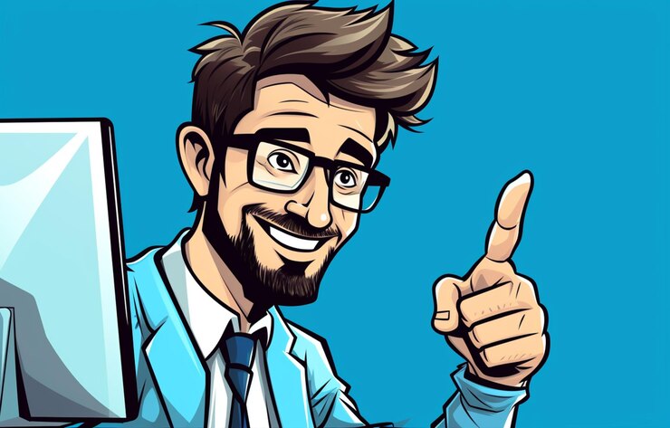 personaje de dibujos animados apuntando con el dedo a la pantalla de una computadora