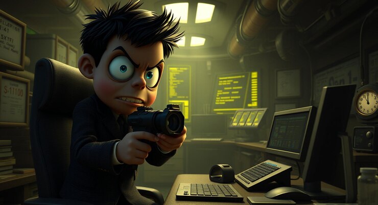 Foto un personaje de dibujos animados con un arma apuntando a una pantalla de computadora