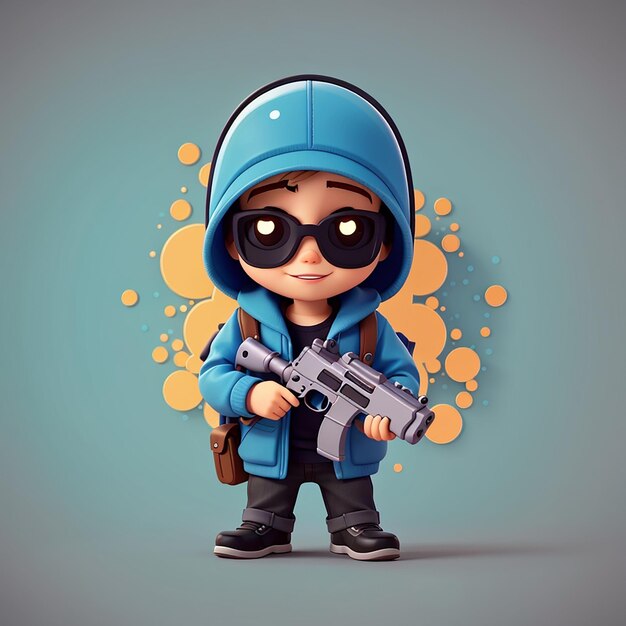 un personaje de dibujos animados con un arma y una chaqueta azul