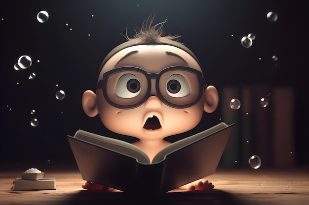 Personaje de dibujos animados asombrado leyendo un libro con un libro en el medio