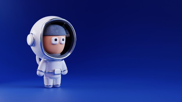 Foto personaje de dibujos animados de astronauta de un investigador en un traje espacial blanco sobre un fondo azul renderización 3d