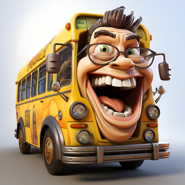 Foto personaje de dibujos animados de un autobús escolar con gafas y una expresión feliz