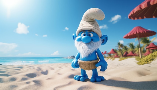 Foto un personaje de dibujos animados azul en una playa