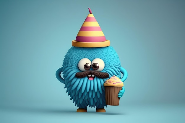 Un personaje de dibujos animados azul con un sombrero y un bigote sosteniendo una taza de café con copyspace