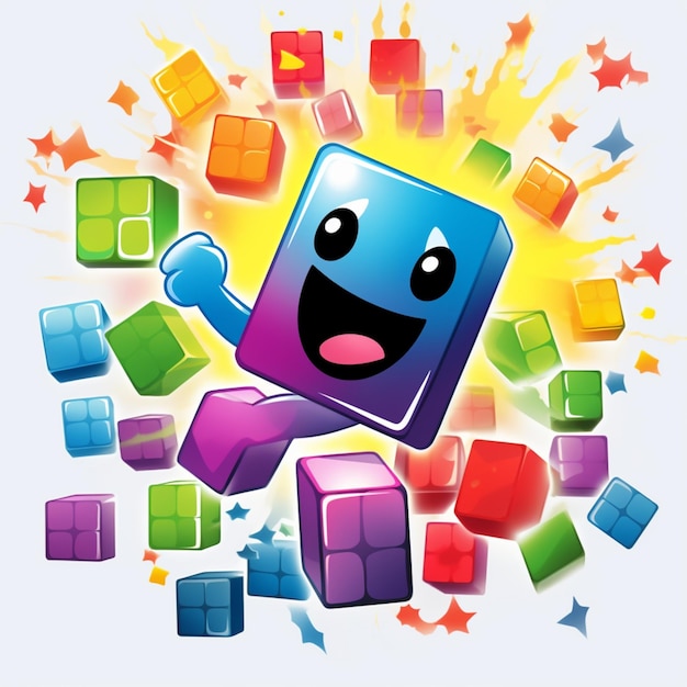 Foto personaje de dibujos animados en bloques rodeado de bloques coloridos y estrellas ai generativo