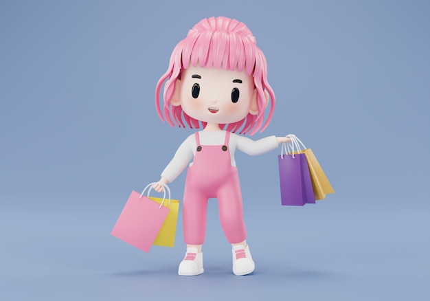 Foto personaje de dibujos animados con bolsas de compras ilustración 3d