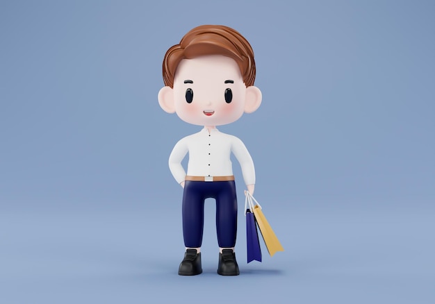 Personaje de dibujos animados con bolsas de compras ilustración 3d