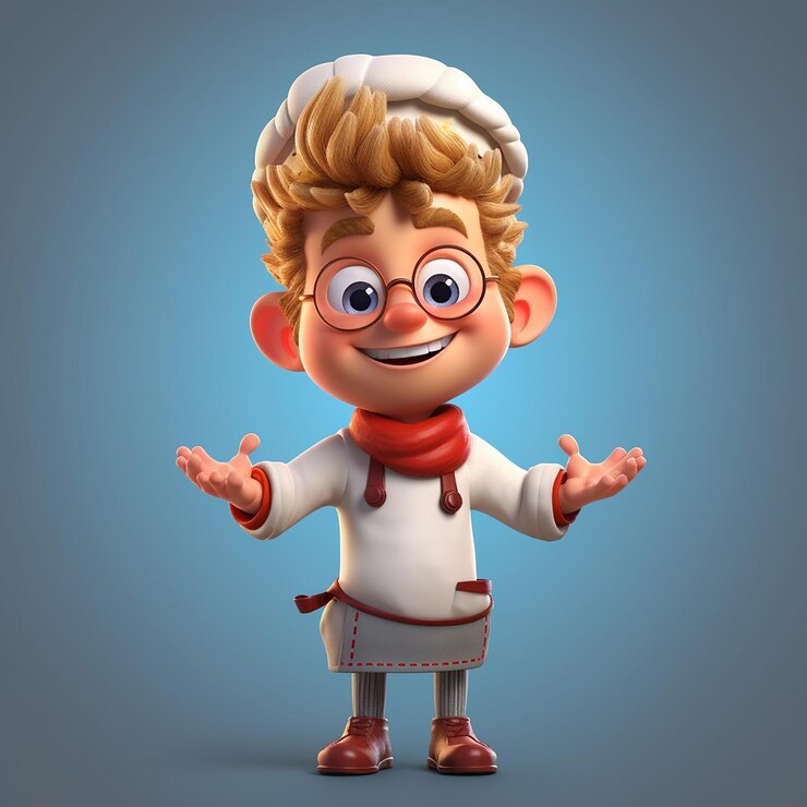 Un personaje de dibujos animados con una bufanda roja y gafas que dice comida.