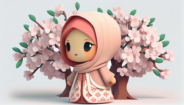 Un personaje de dibujos animados con una bufanda rosa y una bufanda rosa con la palabra hiyab.