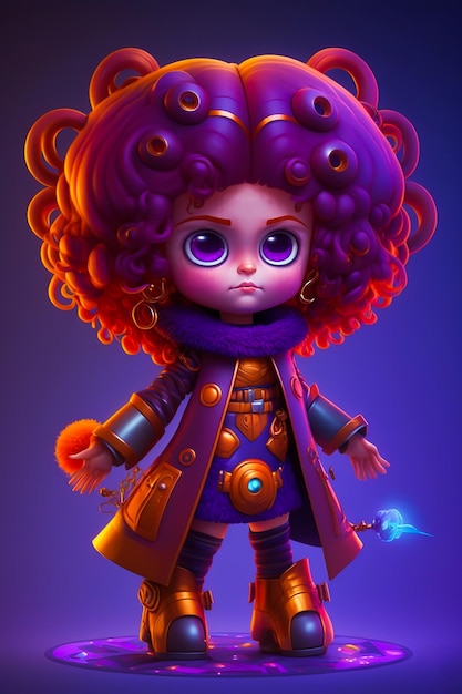 Un personaje de dibujos animados con cabello morado y cabello morado.