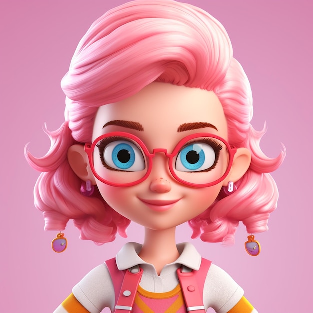 Un personaje de dibujos animados con cabello rosa y anteojos que dice que es una niña.
