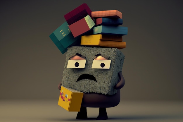 Un personaje de dibujos animados con una caja en la cabeza y una caja en la cabeza.