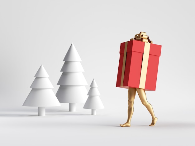 Personaje de dibujos animados de caja de regalo de Navidad roja con piernas de maniquí dorado camina en bosque de invierno