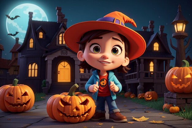 Foto un personaje de dibujos animados con una calabazas y una casa con una calabaza en el fondo
