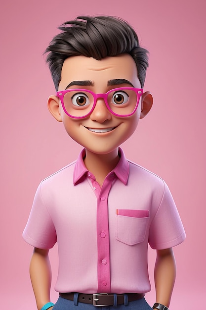 Personaje de dibujos animados con camisa rosa y gafas