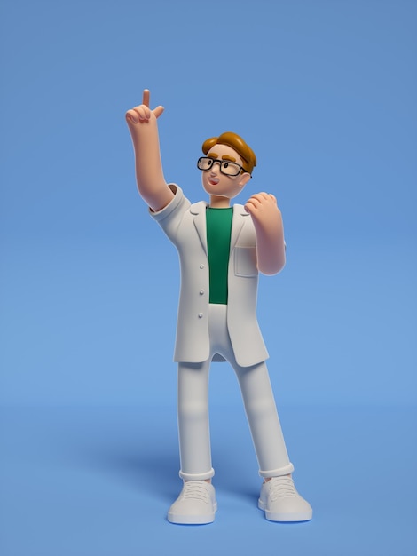 Un personaje de dibujos animados con una camisa verde y gafas apunta hacia arriba.