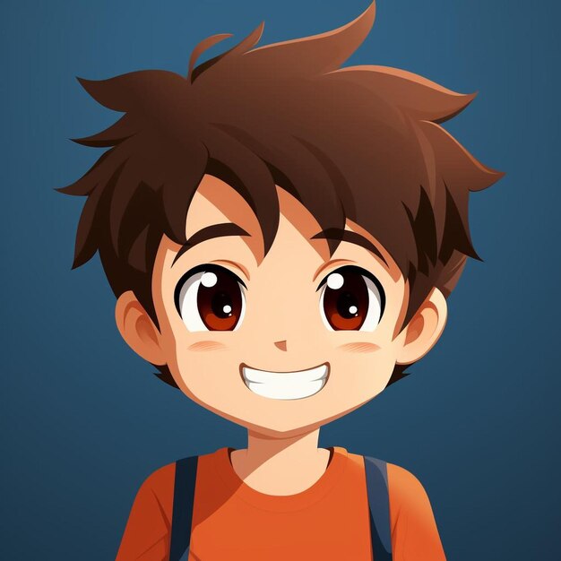 un personaje de dibujos animados con una camiseta naranja que dice "está sonriendo".