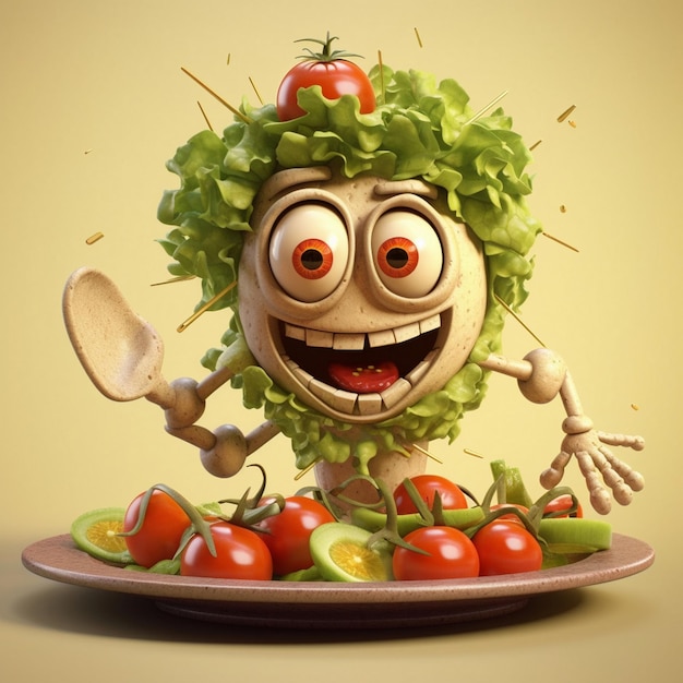 un personaje de dibujos animados con una cara hecha de verduras y un cuchillo.