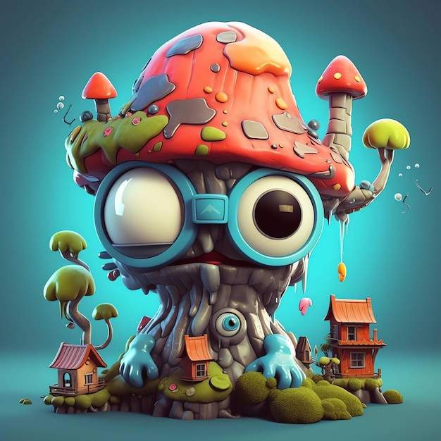 Un personaje de dibujos animados con una casa de hongos en él.