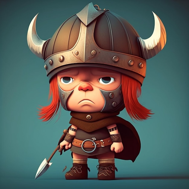 Foto un personaje de dibujos animados con un casco vikingo y una espada.