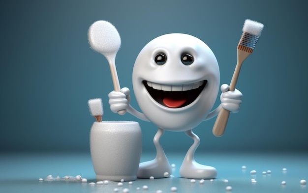 Personaje de dibujos animados con cepillo de dientes y taza.