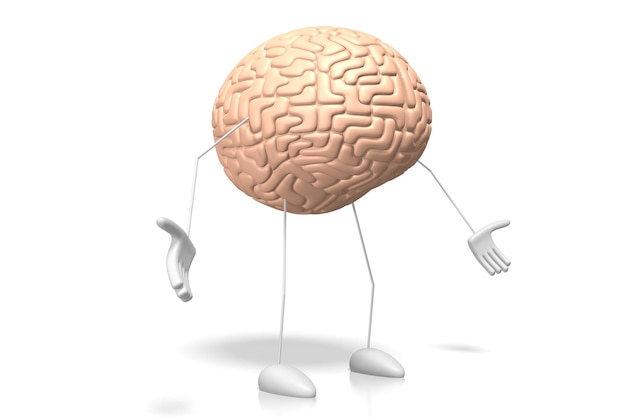 Personaje de dibujos animados de cerebro 3D aislado sobre fondo blanco.