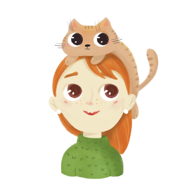 Un personaje de dibujos animados de una chica linda con un gato en la cabeza.