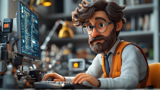 Un personaje de dibujos animados codificando en una computadora en un espacio de trabajo acogedor