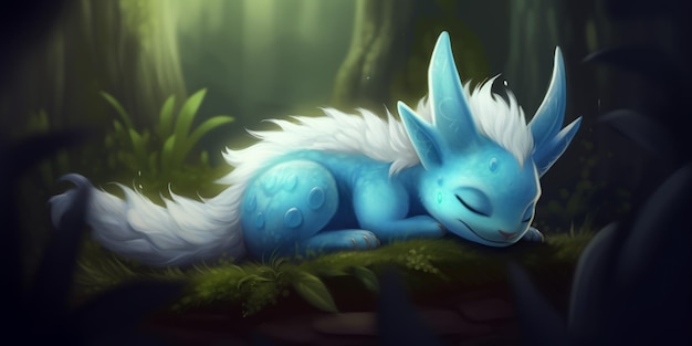 Un personaje de dibujos animados con una cola blanca y una cola azul durmiendo en un bosque.
