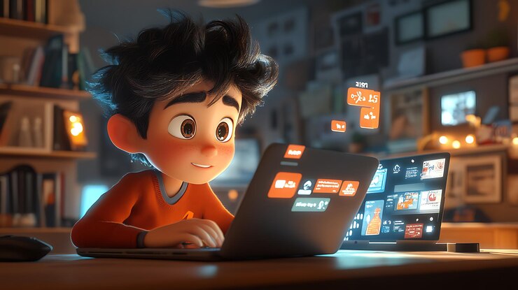 Foto un personaje de dibujos animados con una computadora portátil y las palabras te quiero en la pantalla