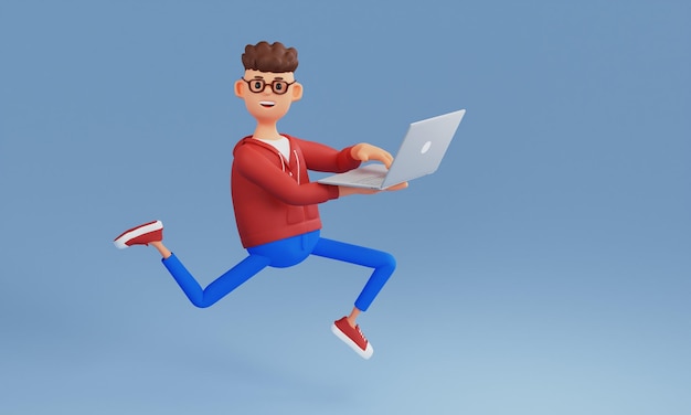 Un personaje de dibujos animados con una computadora portátil en sus manos corre tratando de hacer todo El concepto de éxito ilustración 3d