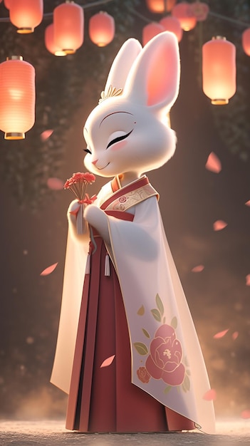 Personaje de dibujos animados de un conejo blanco vestido con un kimono ai generativo