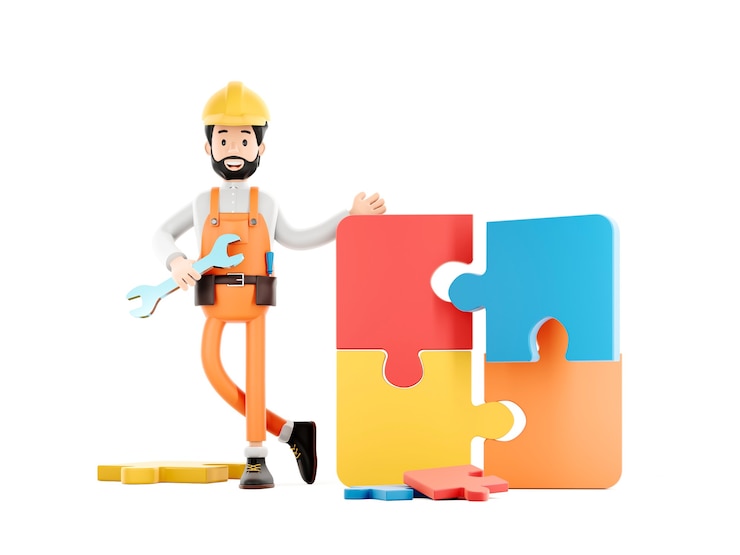 Foto personaje de dibujos animados de constructor, trabajador divertido o ingeniero con rompecabezas