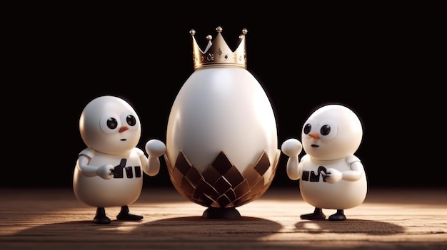 Un personaje de dibujos animados con una corona en la cabeza se encuentra junto a un huevo.