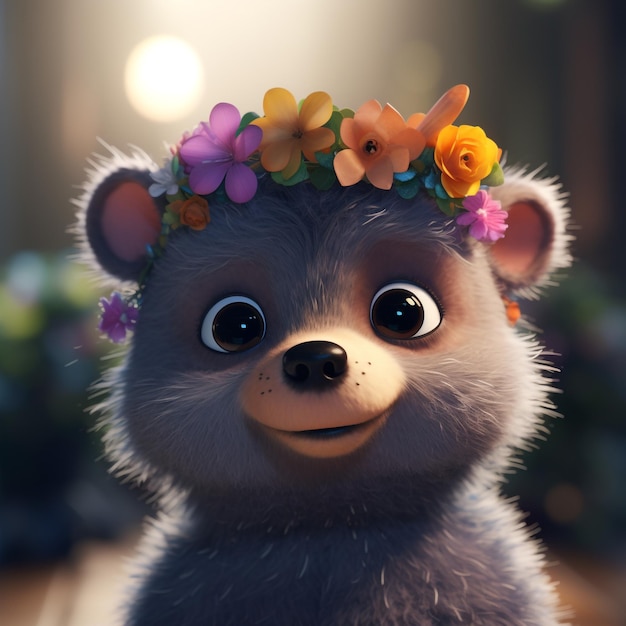 Un personaje de dibujos animados con una corona de flores en la cabeza.