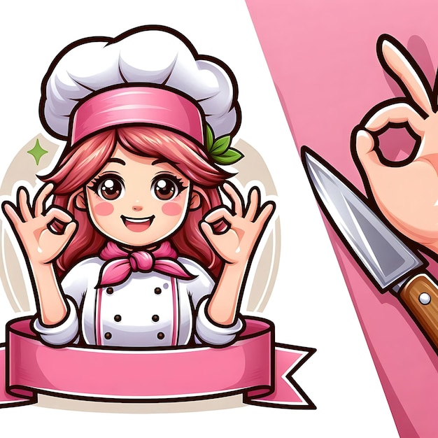 Foto un personaje de dibujos animados con un cuchillo y una mano de chef en el fondo
