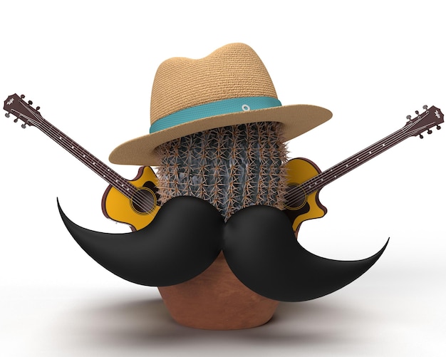 Un personaje de dibujos animados con una decoración de símbolo de guitarra de bigote de sombrero de Cantus y un sombrero en él