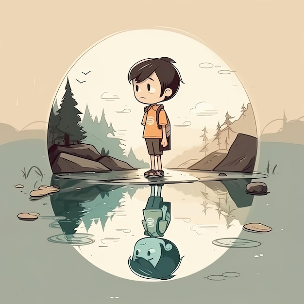 Personaje de dibujos animados de descubrimiento reflexivo mirando a un lago con reflejo