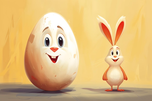 El personaje de dibujos animados del día de Pascua es un conejo blanco y un huevo.