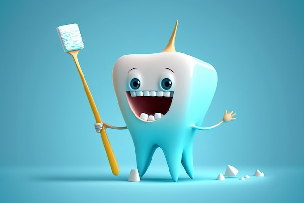 Foto personaje de dibujos animados de dientes blancos con un cepillo de dientes sobre fondo azul ia generativa