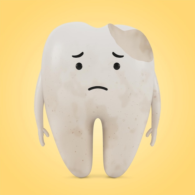 Personaje de dibujos animados de dientes enfermos. El concepto de examen dental de los dientes, salud dental e higiene. Ilustración 3D.