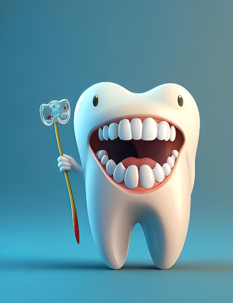 Foto personaje de dibujos animados de dientes felices concepto de limpieza y blanqueo de dientes