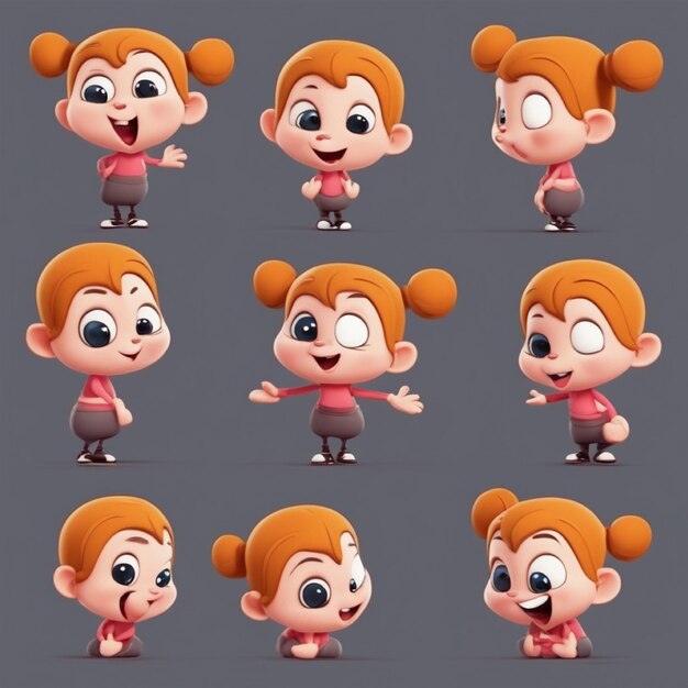 Foto un personaje de dibujos animados con diferentes expresiones y poses chica 1041