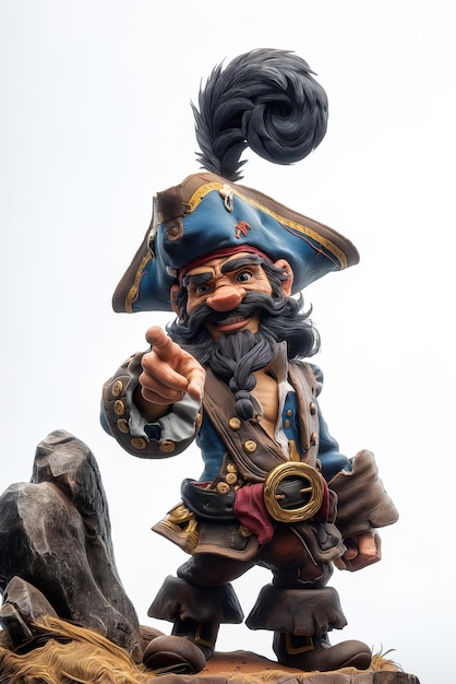 Foto personaje de dibujos animados divertido capitán pirata en sombrero apunta con el dedo a un espacio de copia en un fondo blanco aislado