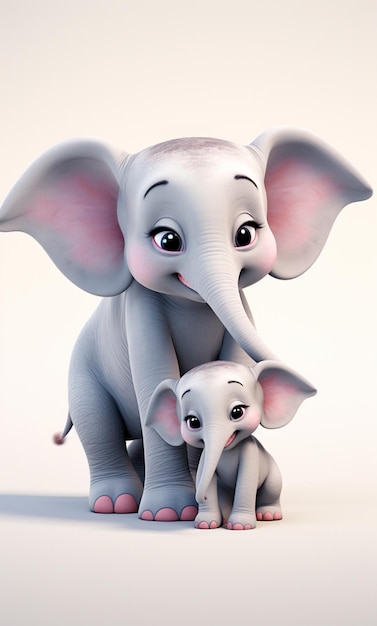 Personaje de dibujos animados un elefante y un elefante bebé 3d